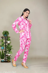 Printed silk blend sleepwear set with long sleeves, features chic beige patterns for comfortable relaxation - Indian design